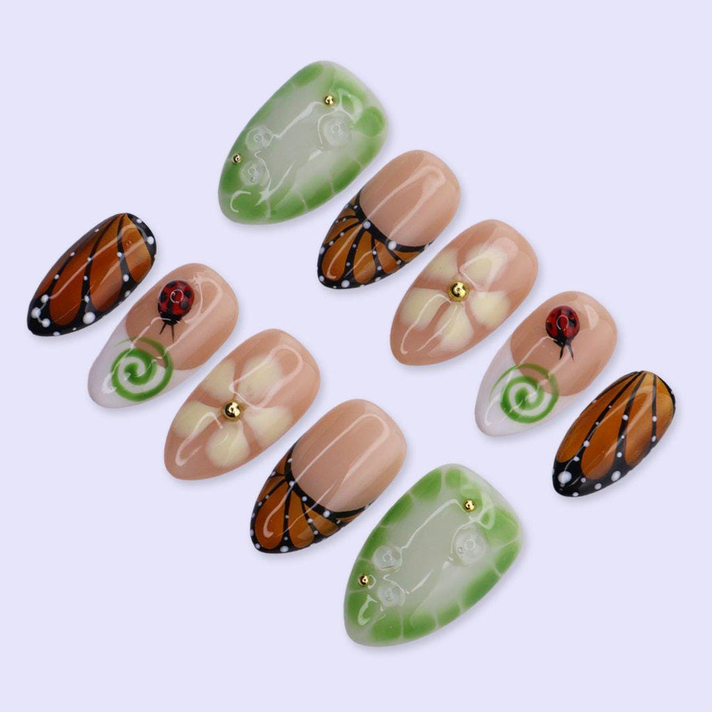 Spring Butterfly Press On Nails with Ladybug, Green Aura & Floral Art | Short Almond Fake Nails | Handmade Nails Art for Garden, Picnic
