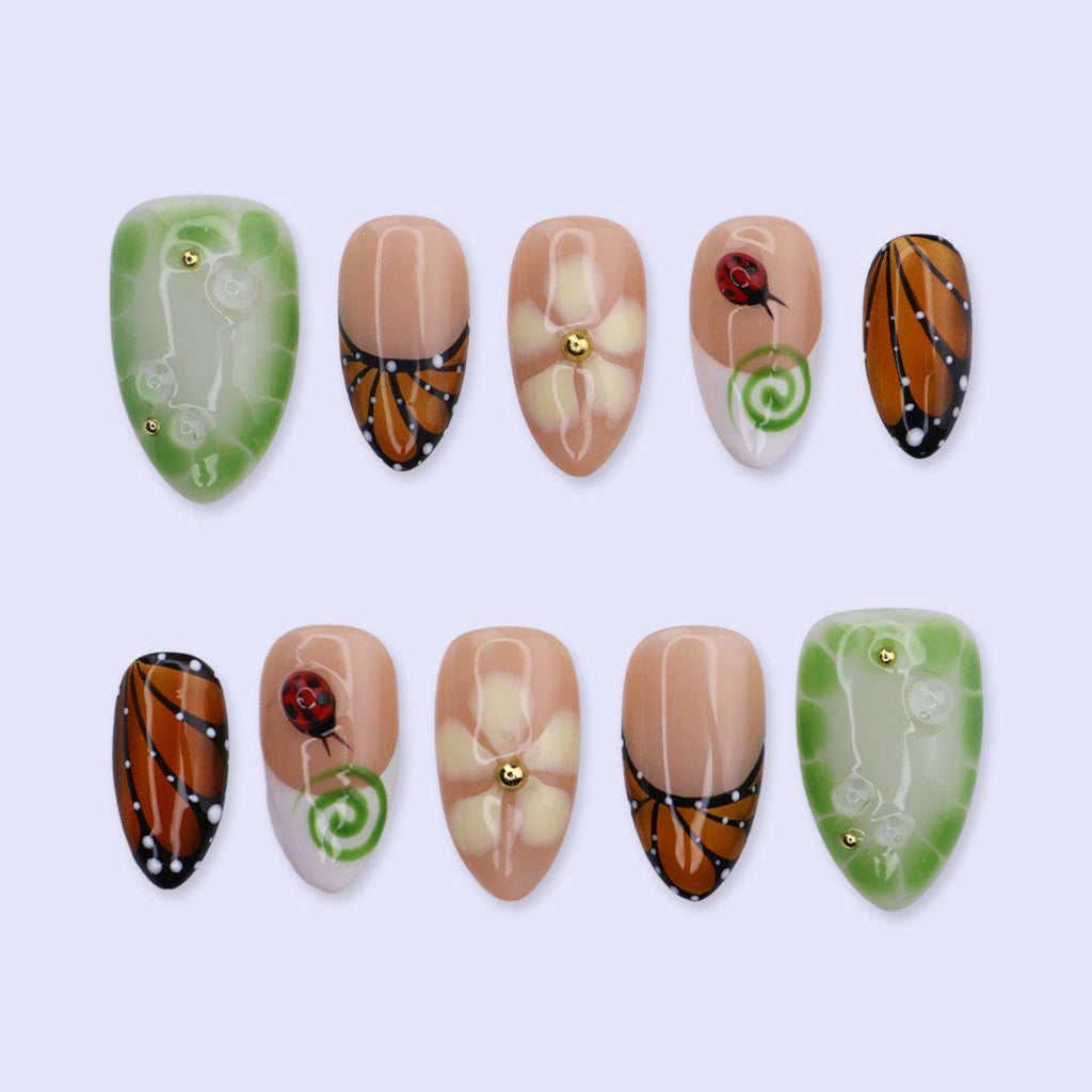 Spring Butterfly Press On Nails with Ladybug, Green Aura & Floral Art | Short Almond Fake Nails | Handmade Nails Art for Garden, Picnic