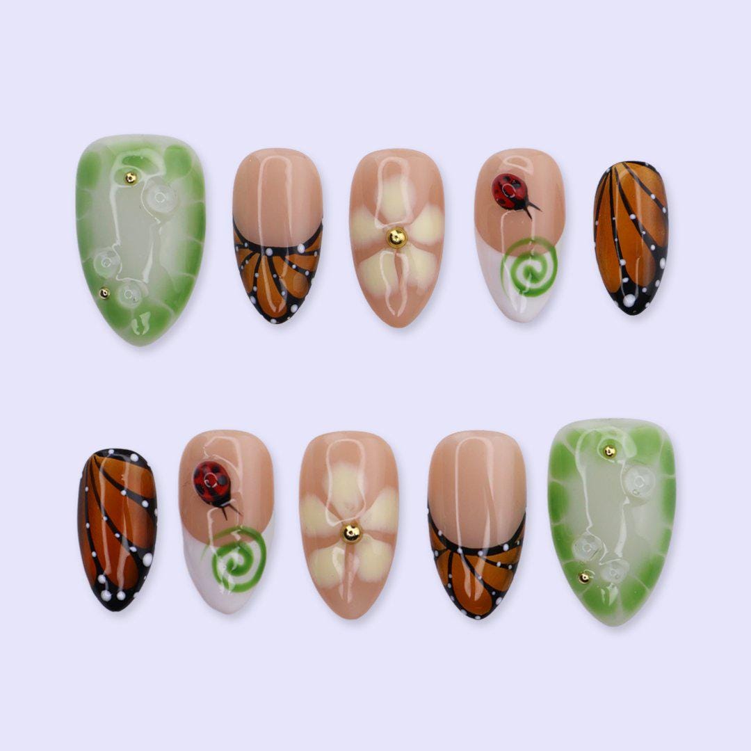 Spring Butterfly Press On Nails with Ladybug, Green Aura & Floral Art | Short Almond Fake Nails | Handmade Nails Art for Garden, Picnic