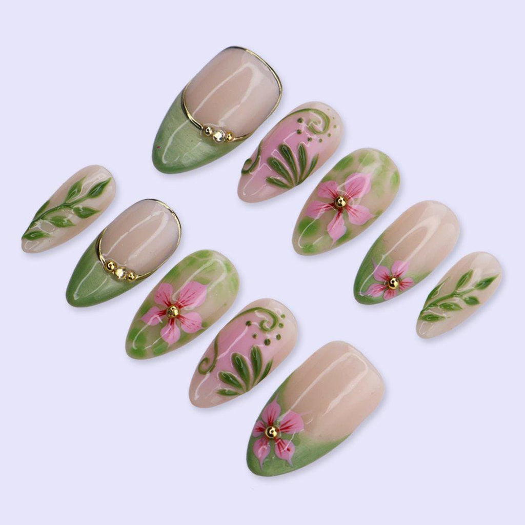 Spring Press On Nails with Sage Green French Tips & Pink Flower | Medium Almond Fake Nails | Handmade Nails Art for Picnic, Everyday