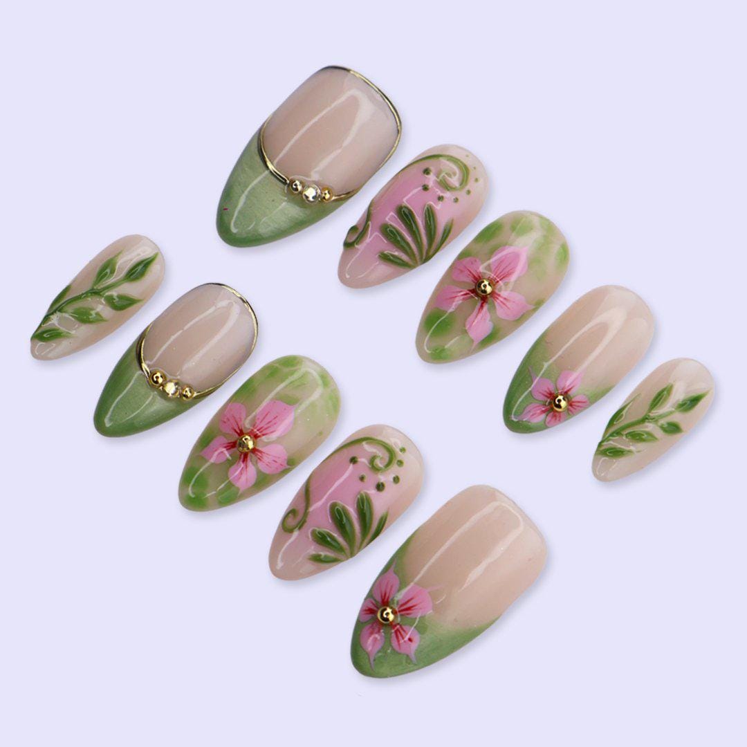 Spring Press On Nails with Sage Green French Tips & Pink Flower | Medium Almond Fake Nails | Handmade Nails Art for Picnic, Everyday