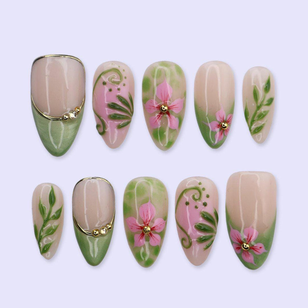 Spring Press On Nails with Sage Green French Tips & Pink Flower | Medium Almond Fake Nails | Handmade Nails Art for Picnic, Everyday