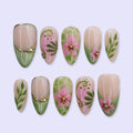 Spring Press On Nails with Sage Green French Tips & Pink Flower | Medium Almond Fake Nails | Handmade Nails Art for Picnic, Everyday