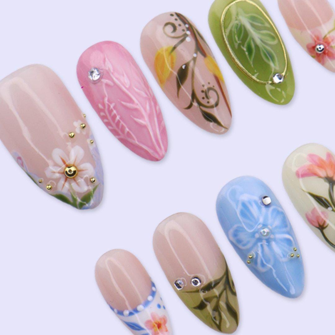 Colorful Floral Press On Nails with Leaf Art & French Tips | Medium Almond Fake Nails | Handmade Spring Nails for Picnic, Vacation, Everyday