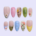 Colorful Floral Press On Nails with Leaf Art & French Tips | Medium Almond Fake Nails | Handmade Spring Nails for Picnic, Vacation, Everyday