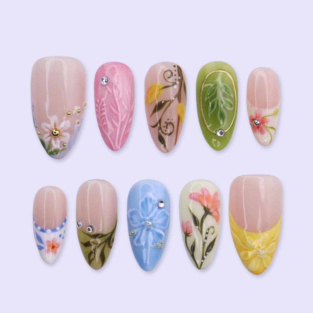 Colorful Floral Press On Nails with Leaf Art & French Tips | Medium Almond Fake Nails | Handmade Spring Nails for Picnic, Vacation, Everyday