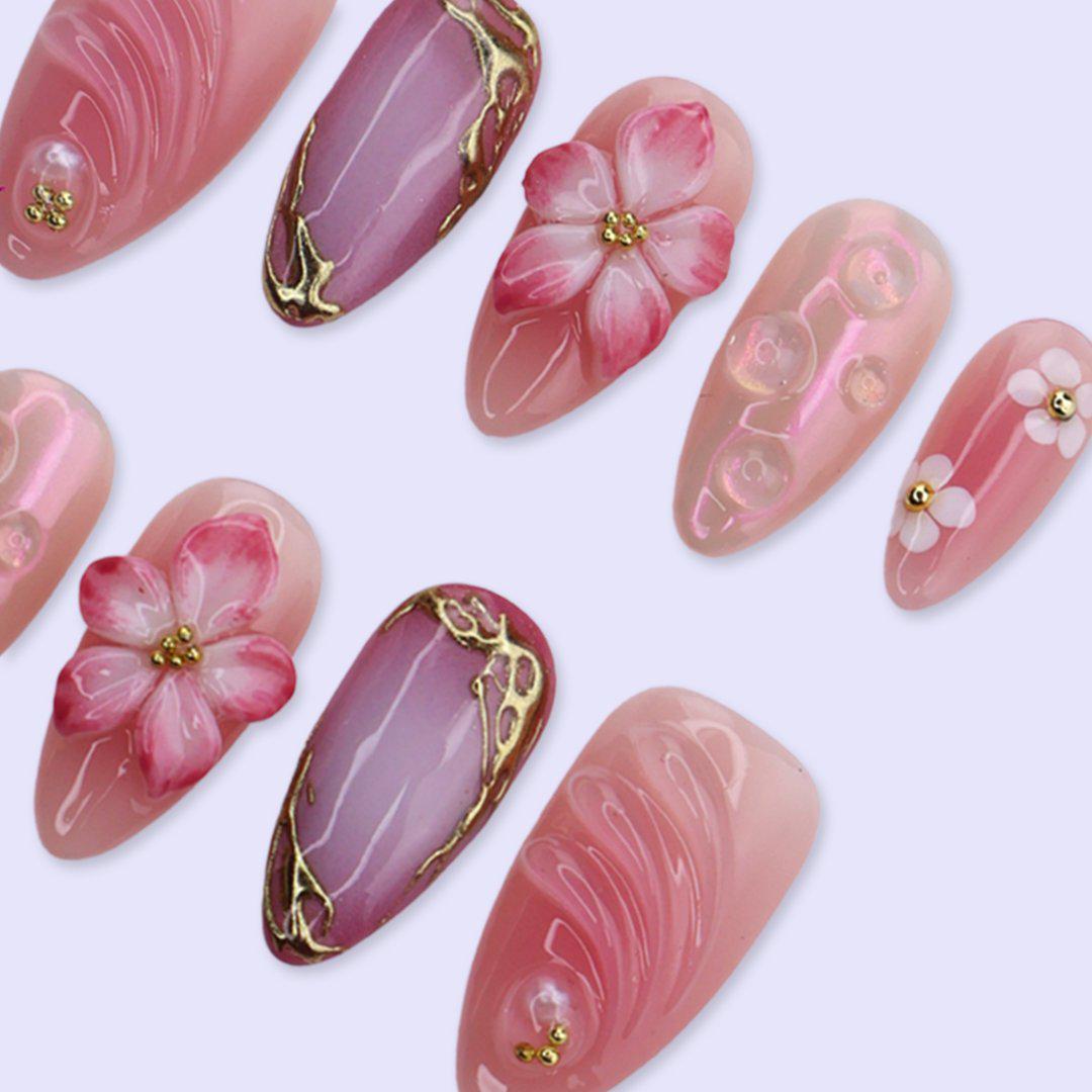 Pink Floral Press On Nails with Aura Chrome & Gold Frame | 3D Fake Nails in Medium Almond | Handmade Nails Artfor Birthday, Spring or Prom