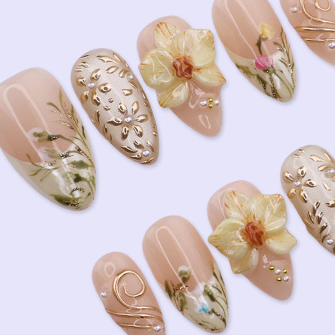 Yellow Press On Nails with 3D Flower, Gold Leaf | Medium Almond Fake Nails | Handmade Elegant Spring Nails Art for Wedding, Party