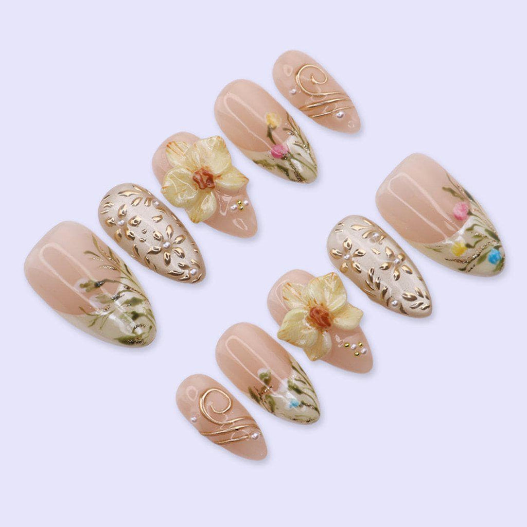 Yellow Press On Nails with 3D Flower, Gold Leaf | Medium Almond Fake Nails | Handmade Elegant Spring Nails Art for Wedding, Party