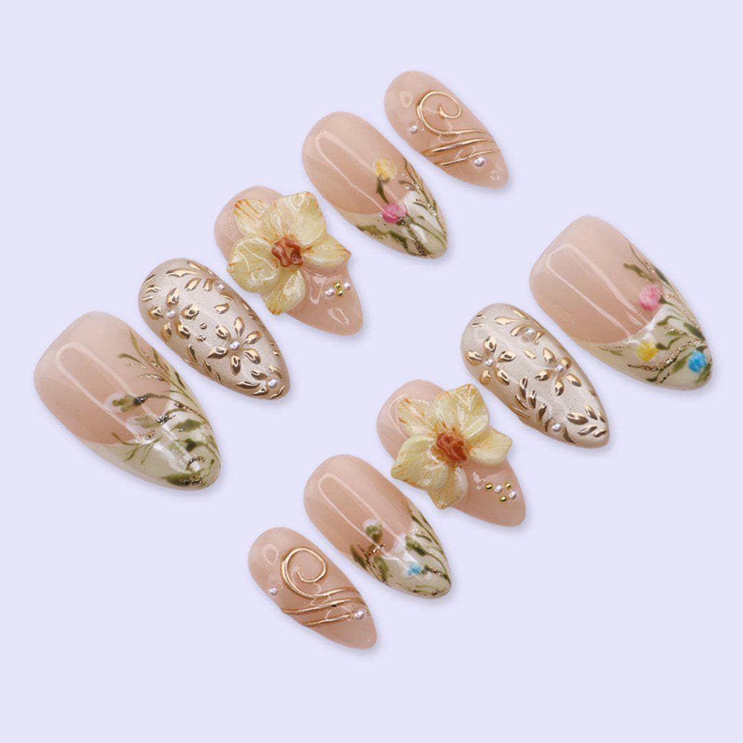 Yellow Press On Nails with 3D Flower, Gold Leaf | Medium Almond Fake Nails | Handmade Elegant Spring Nails Art for Wedding, Party