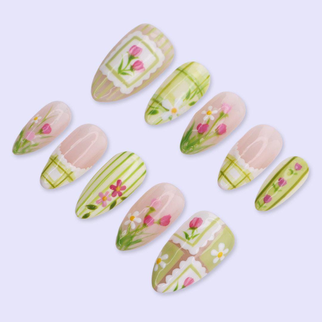 Green Floral Press On Nails with Plaid, Tulip & Cottagecore Details | Almond Handmade Fake Nails | Spring Garden Nails for Picnic, Everyday