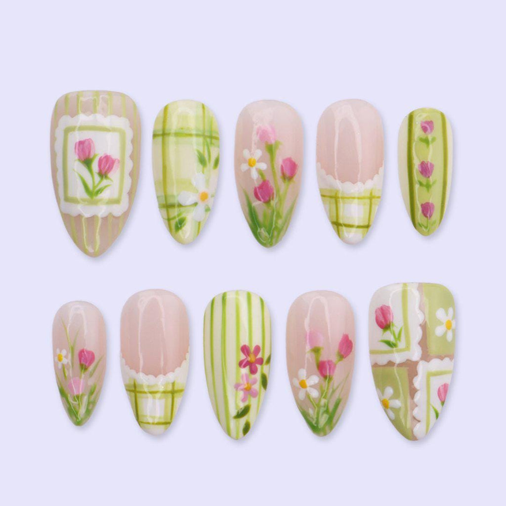 Green Floral Press On Nails with Plaid, Tulip & Cottagecore Details | Almond Handmade Fake Nails | Spring Garden Nails for Picnic, Everyday