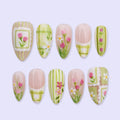Green Floral Press On Nails with Plaid, Tulip & Cottagecore Details | Almond Handmade Fake Nails | Spring Garden Nails for Picnic, Everyday