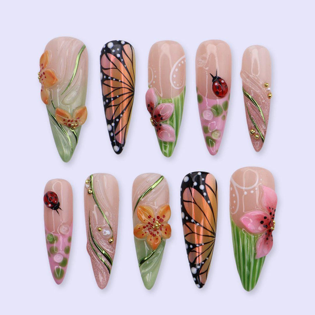 Butterfly Garden Press On Nails with Monarch Wing, 3D Flowers & Ladybug Art | Long Almond Handmade Fake Nails | Spring Nature Nails