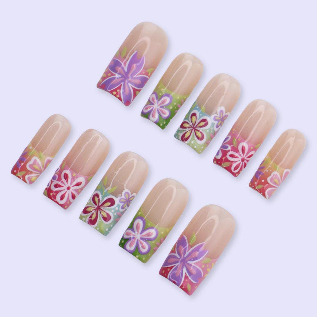 Colorful Floral Press On Nails with Retro Flower Art & Gradient Tips | Square Handmade Fake Nails | Summer Bright Nails, Cute Vacation Set