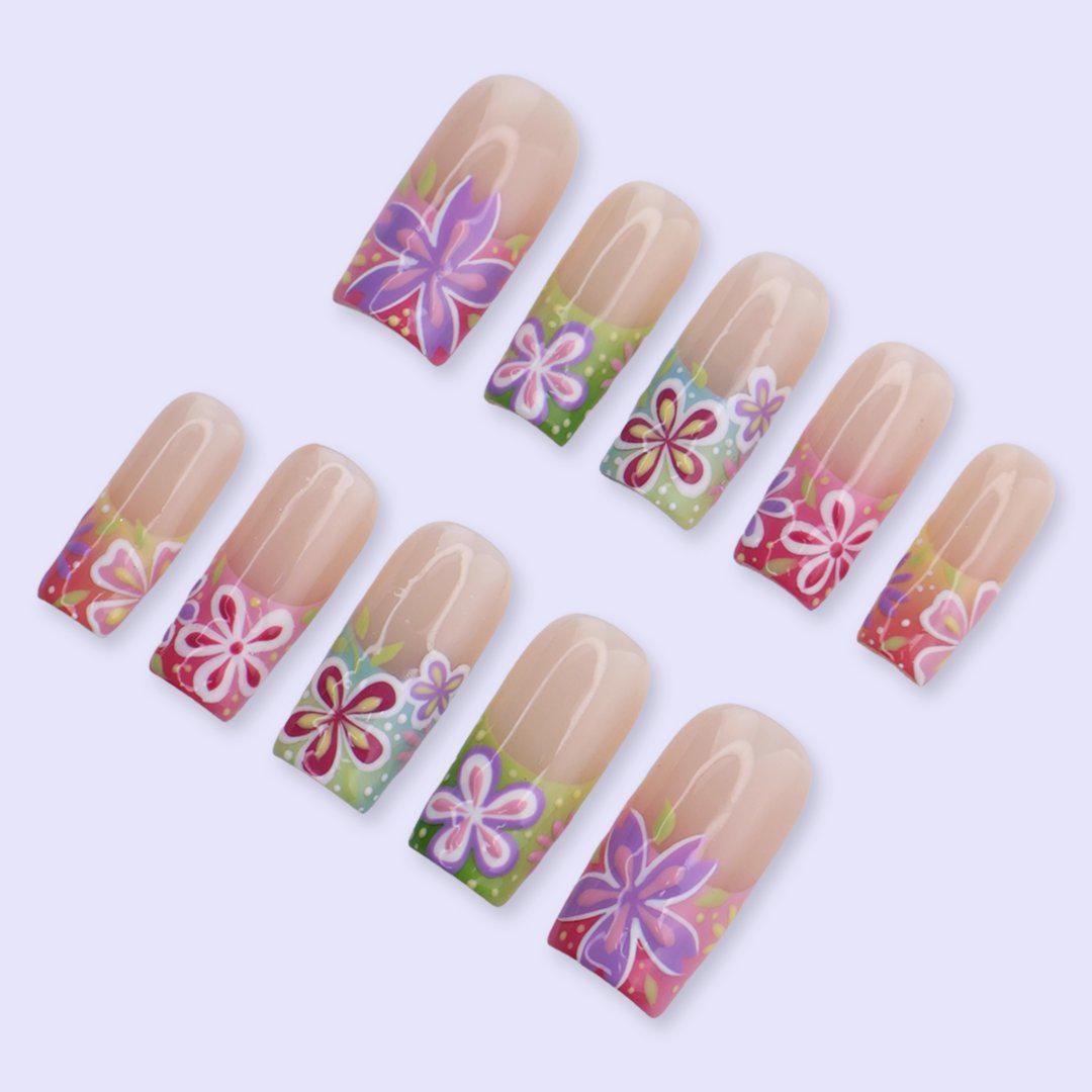Colorful Floral Press On Nails with Retro Flower Art & Gradient Tips | Square Handmade Fake Nails | Summer Bright Nails, Cute Vacation Set