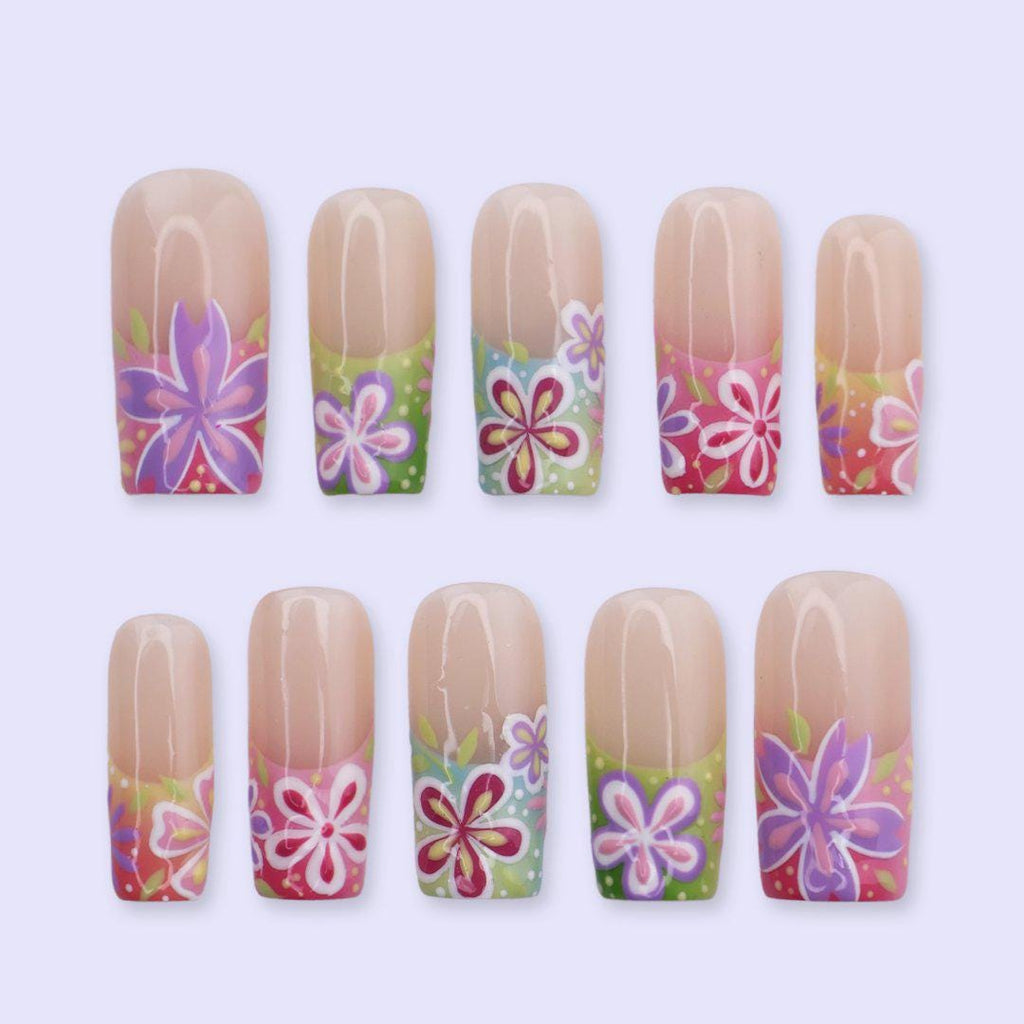 Colorful Floral Press On Nails with Retro Flower Art & Gradient Tips | Square Handmade Fake Nails | Summer Bright Nails, Cute Vacation Set