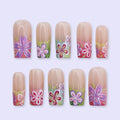 Colorful Floral Press On Nails with Retro Flower Art & Gradient Tips | Square Handmade Fake Nails | Summer Bright Nails, Cute Vacation Set