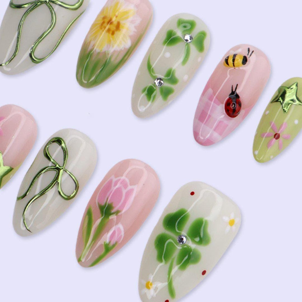 Green Garden Press On Nails with Clover, Bee, Ladybug & Floral Art | Almond Handmade Fake Nails | Cute Nature Nails, Spring Aesthetic Set