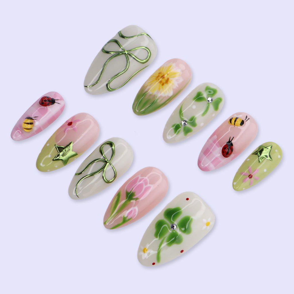 Green Garden Press On Nails with Clover, Bee, Ladybug & Floral Art | Almond Handmade Fake Nails | Cute Nature Nails, Spring Aesthetic Set