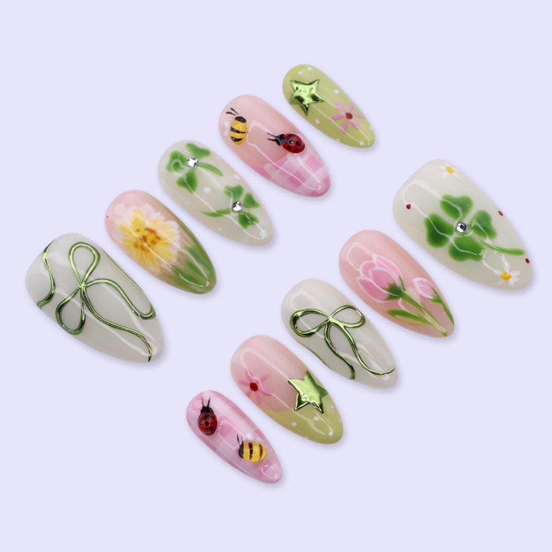 Green Garden Press On Nails with Clover, Bee, Ladybug & Floral Art | Almond Handmade Fake Nails | Cute Nature Nails, Spring Aesthetic Set