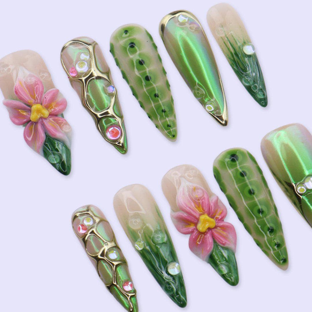 Green Chrome Press On Nails with 3D Flower, Gold Frame & Jelly Texture | Long Almond Handmade Fake Nails | Luxury Botanical Statement Nails