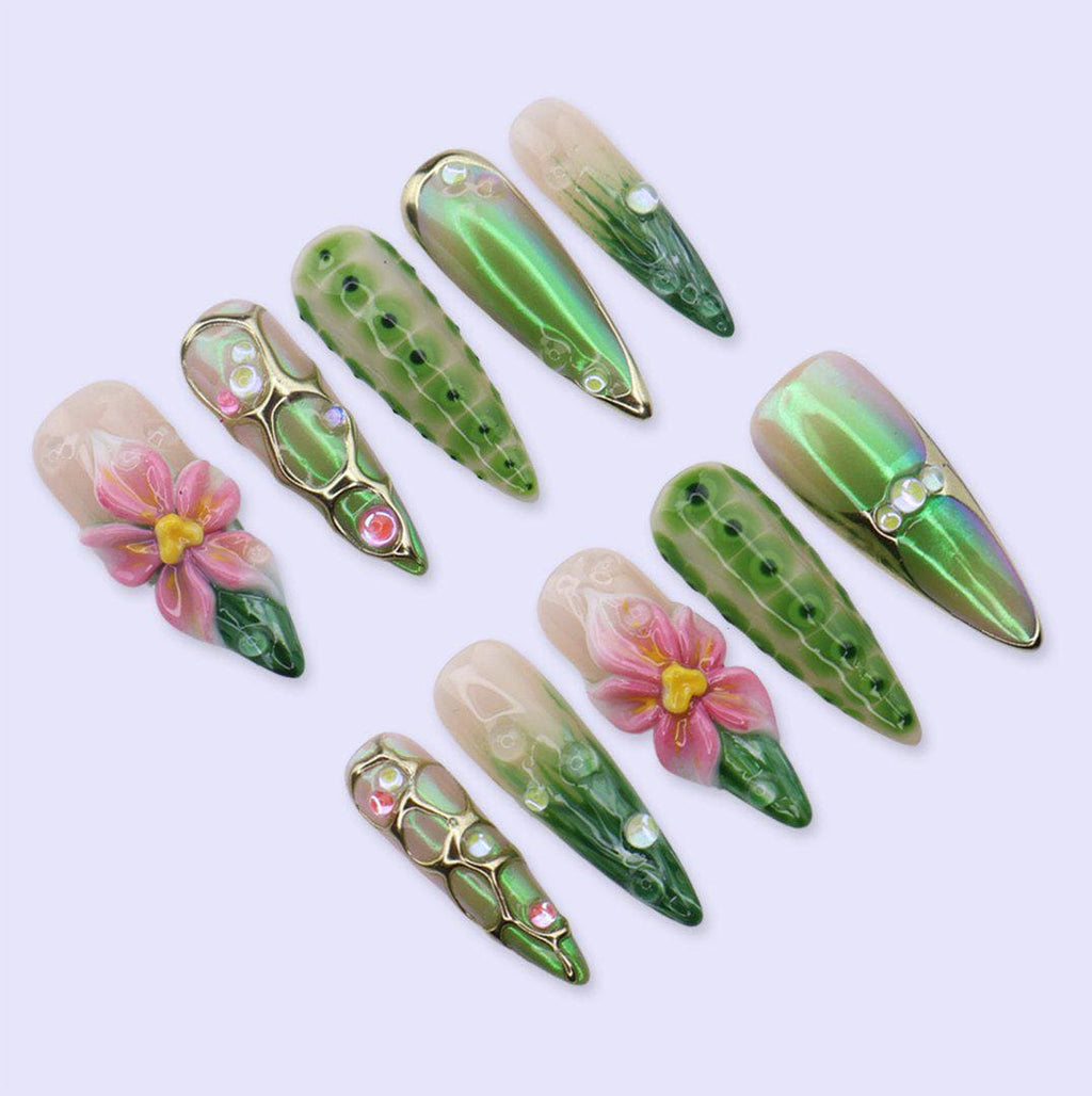 Green Chrome Press On Nails with 3D Flower, Gold Frame & Jelly Texture | Long Almond Handmade Fake Nails | Luxury Botanical Statement Nails