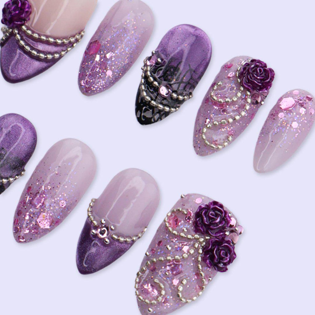 Purple Rose Press On Nails with 3D Flower, Glitter Ombre, Rhinestone Chain | Medium Almond Fake Nails | Handmade Nails Art for Prom, Wedding