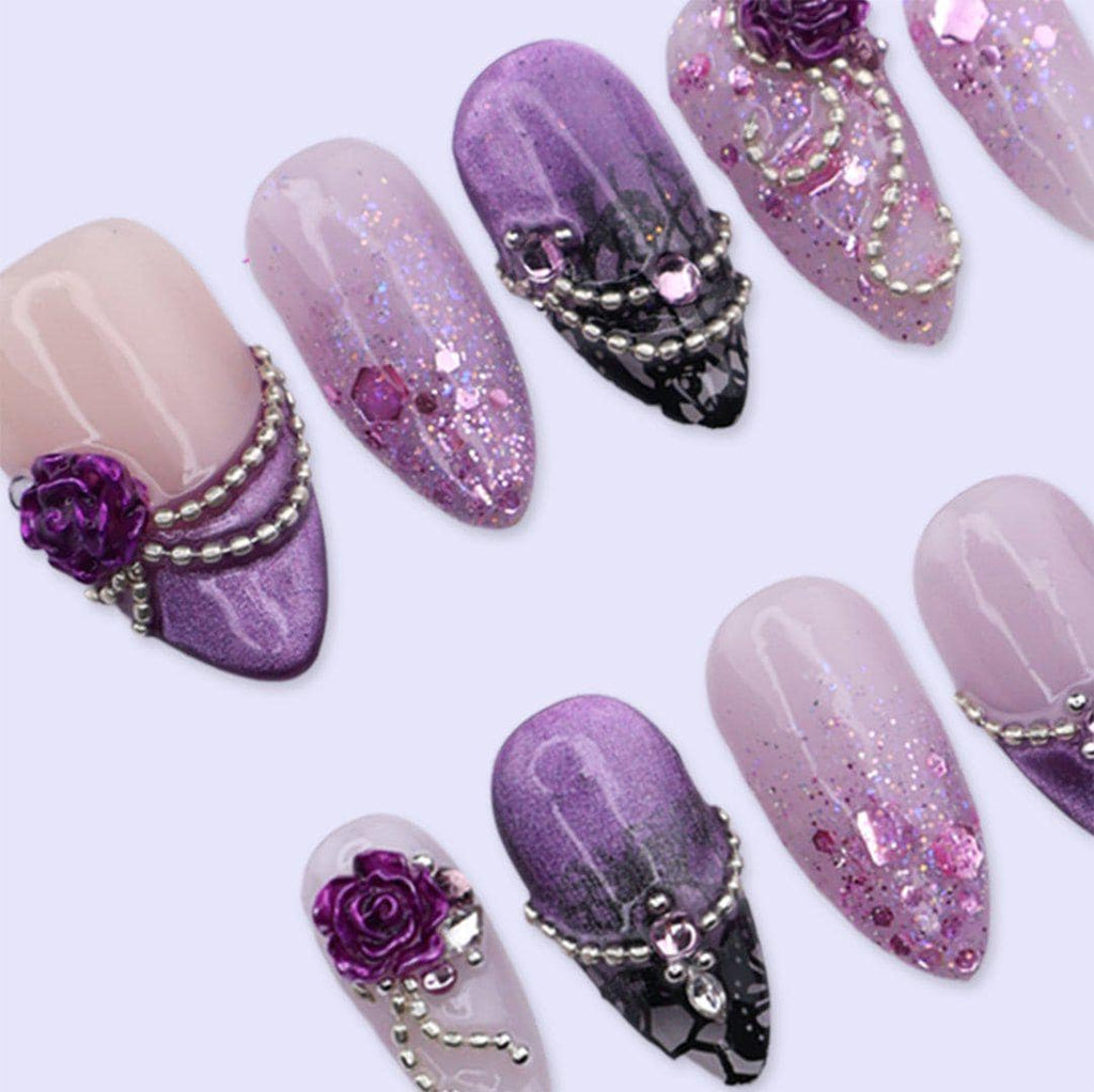 Purple Rose Press On Nails with 3D Flower, Glitter Ombre, Rhinestone Chain | Medium Almond Fake Nails | Handmade Nails Art for Prom, Wedding