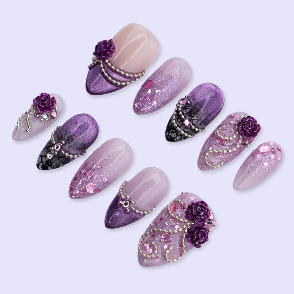 Purple Rose Press On Nails with 3D Flower, Glitter Ombre, Rhinestone Chain | Medium Almond Fake Nails | Handmade Nails Art for Prom, Wedding