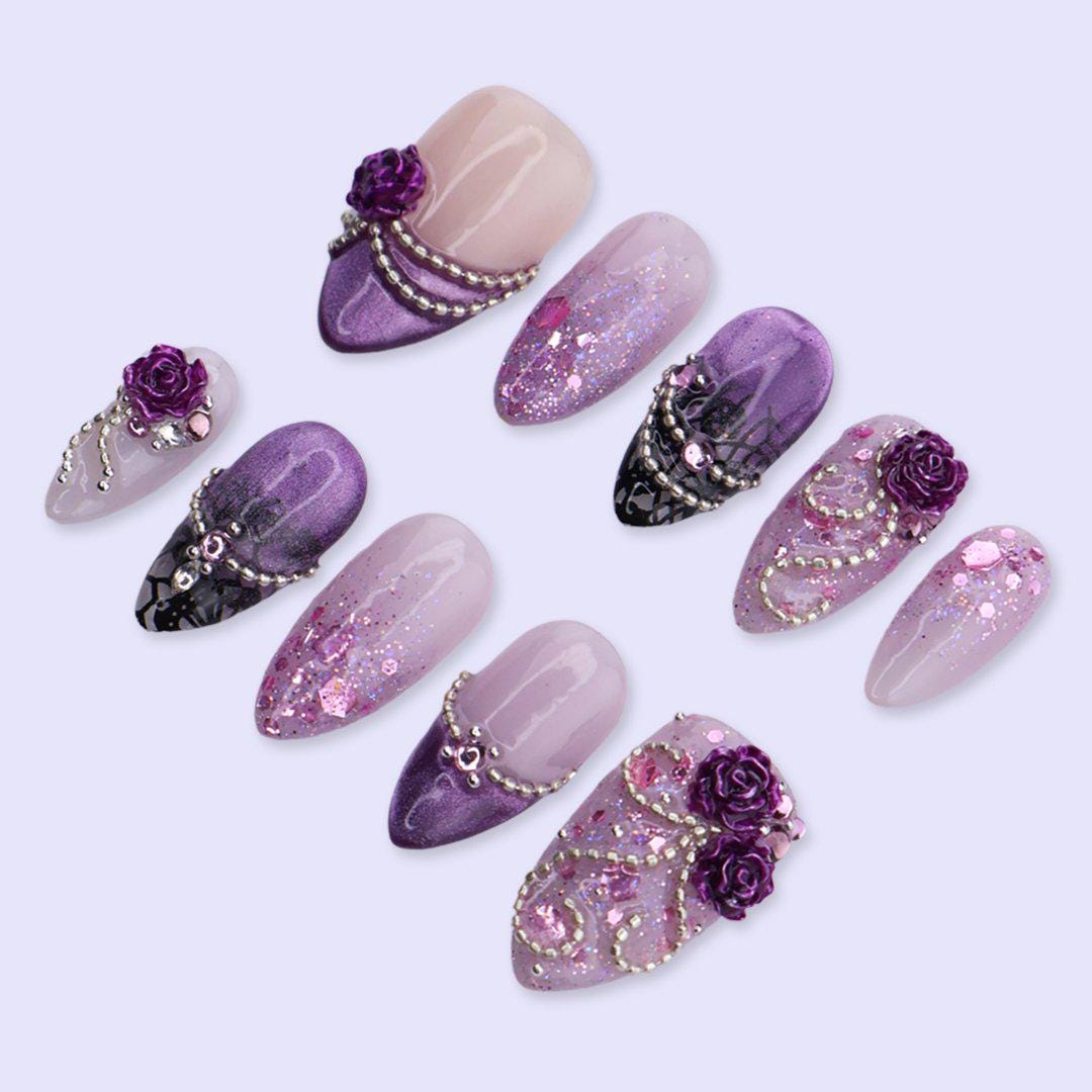 Purple Rose Press On Nails with 3D Flower, Glitter Ombre, Rhinestone Chain | Medium Almond Fake Nails | Handmade Nails Art for Prom, Wedding