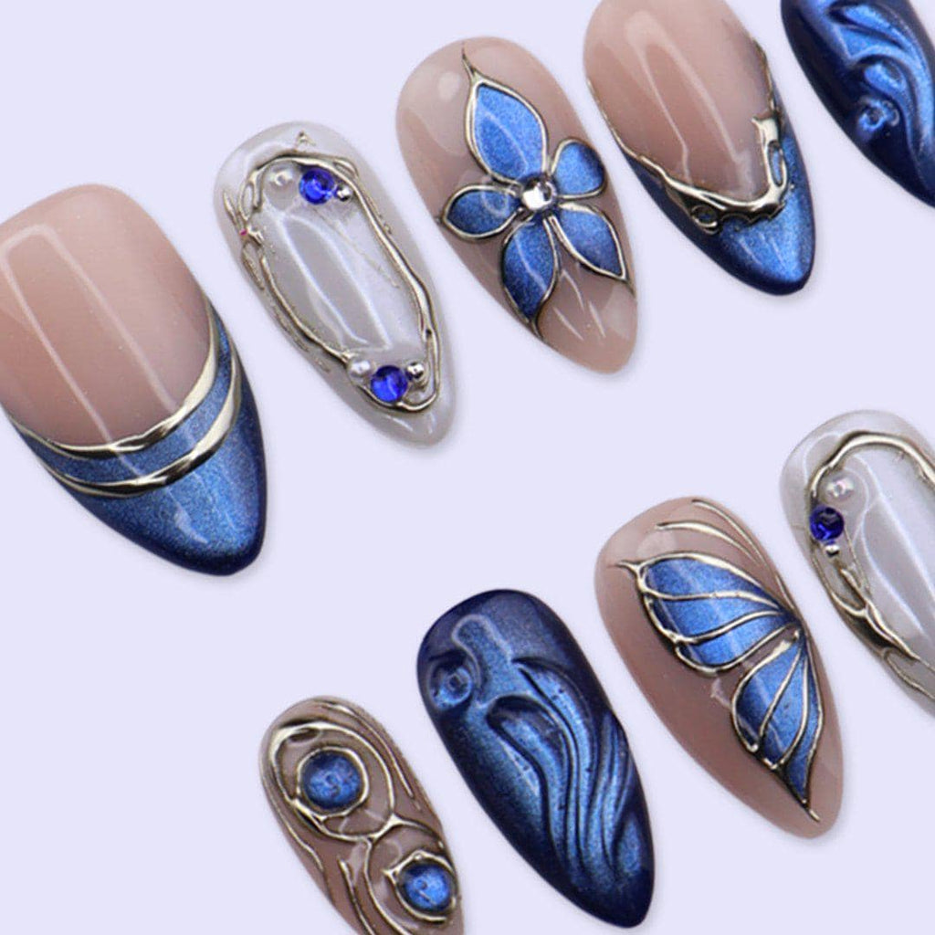 Blue Press On Nails with Flower, Butterfly Wing & Gold | Medium Almond Fake Nails | Handmade Nails Art for Prom, Wedding Or Gift