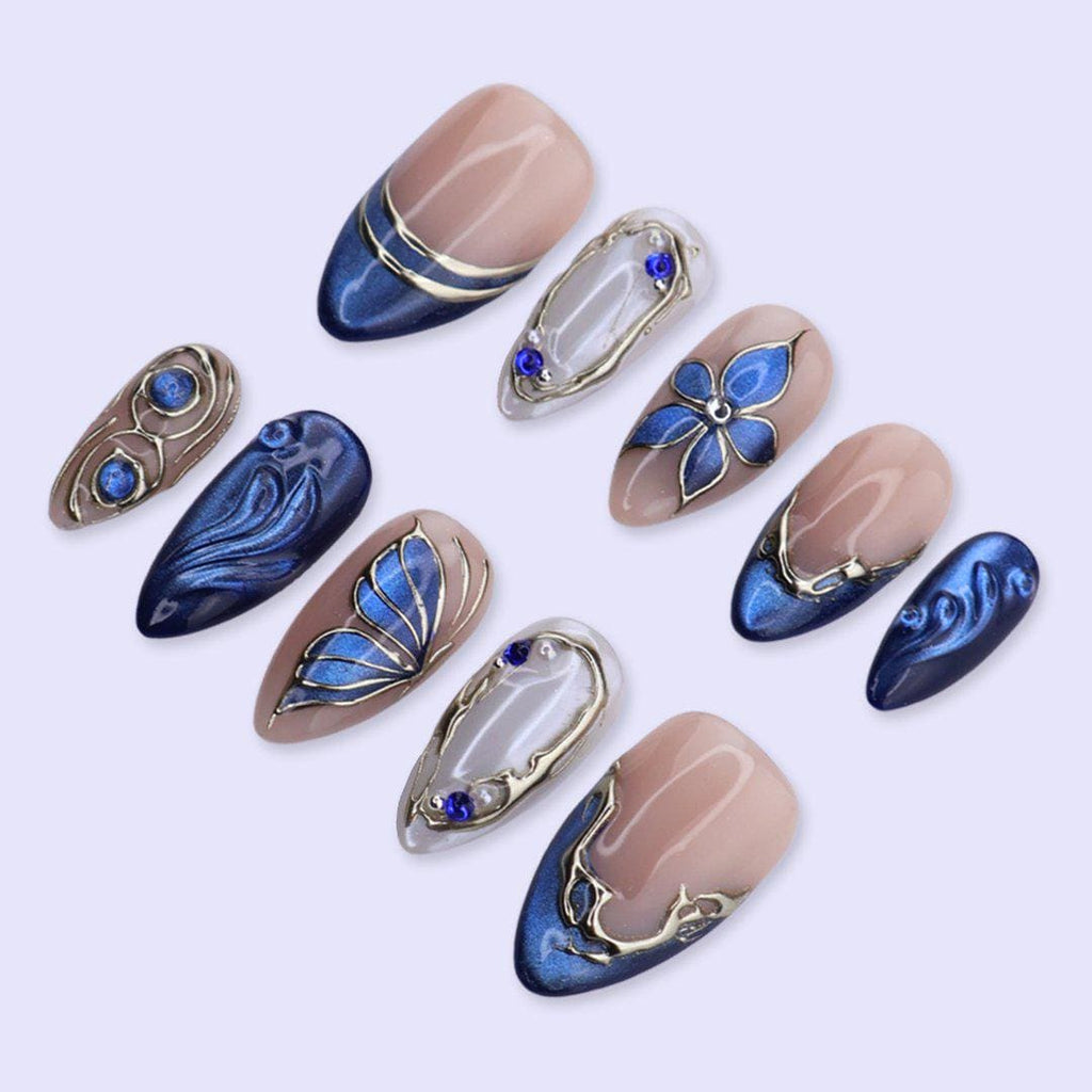 Blue Press On Nails with Flower, Butterfly Wing & Gold | Medium Almond Fake Nails | Handmade Nails Art for Prom, Wedding Or Gift