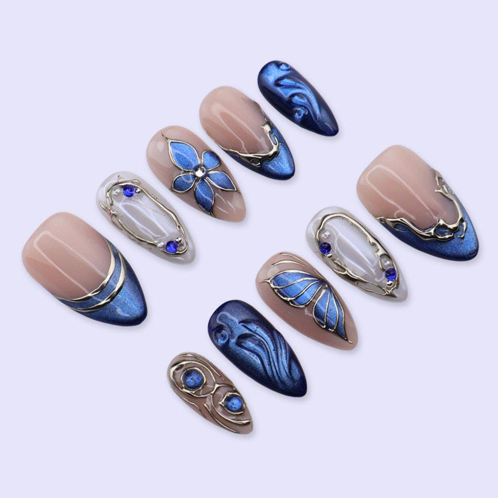 Blue Press On Nails with Flower, Butterfly Wing & Gold | Medium Almond Fake Nails | Handmade Nails Art for Prom, Wedding Or Gift
