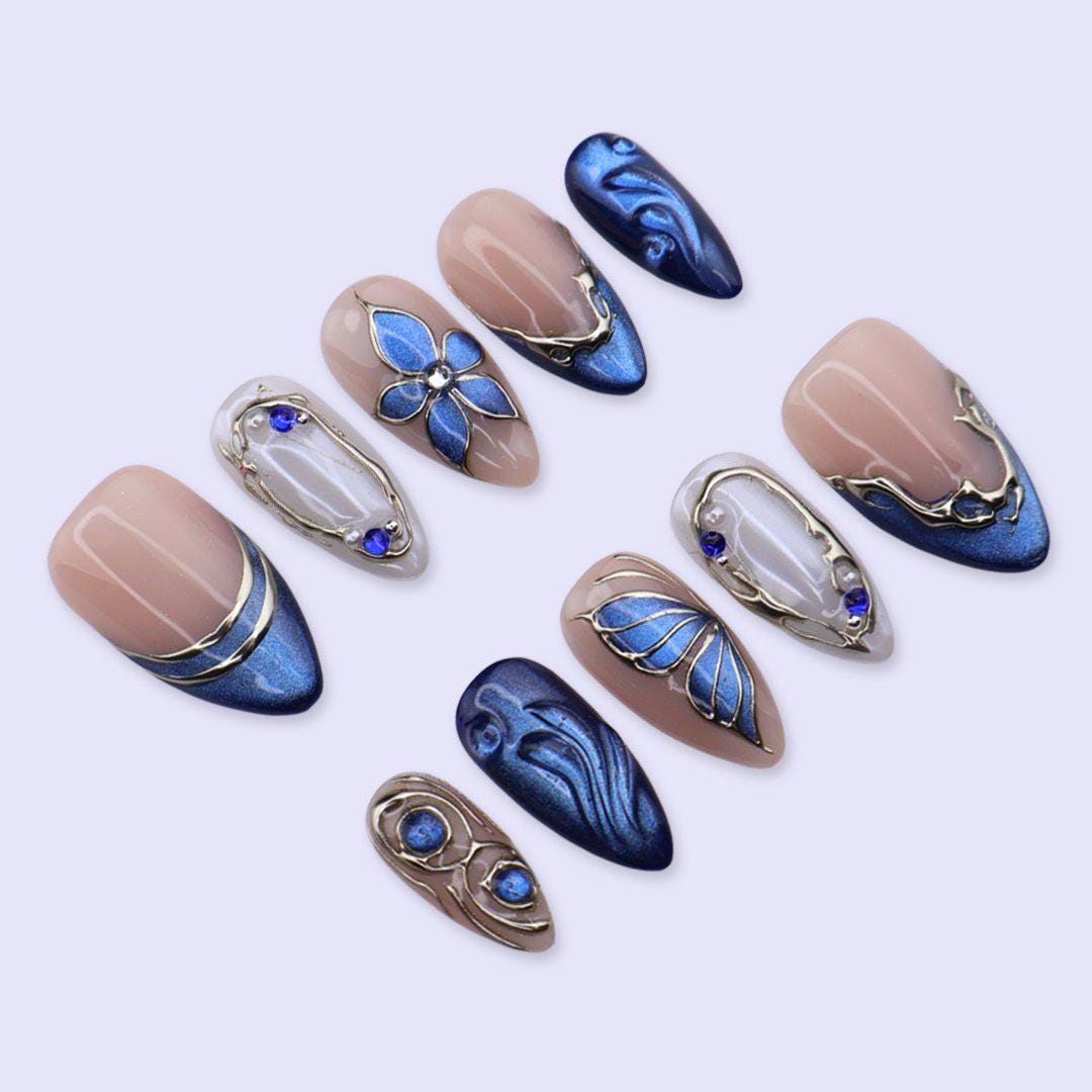 Blue Press On Nails with Flower, Butterfly Wing & Gold | Medium Almond Fake Nails | Handmade Nails Art for Prom, Wedding Or Gift