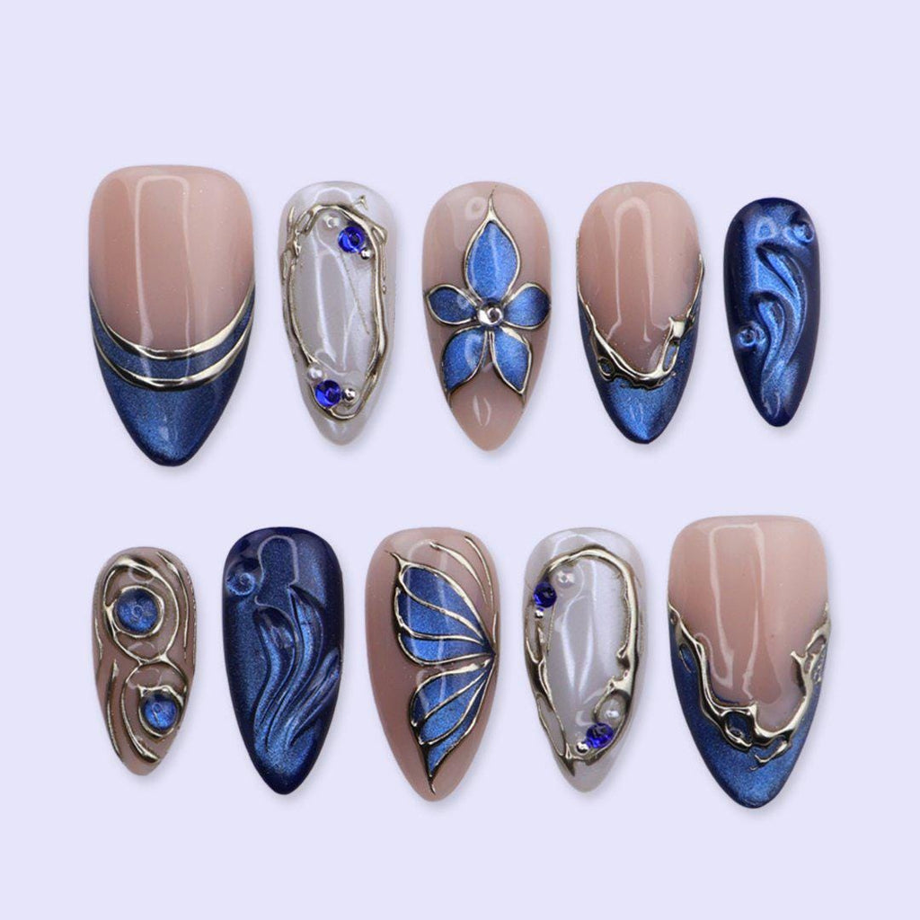 Blue Press On Nails with Flower, Butterfly Wing & Gold | Medium Almond Fake Nails | Handmade Nails Art for Prom, Wedding Or Gift
