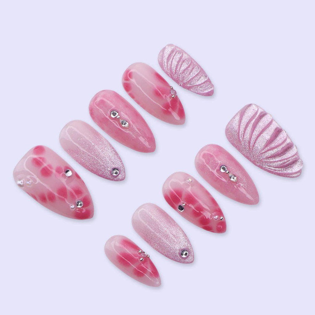 Pink Aura Press On Nails with Airbrush Flower, Glitter & Rhinestone | Medium Almond Fake Nails | Trendy Handmade Nails Art for Everyday Wear
