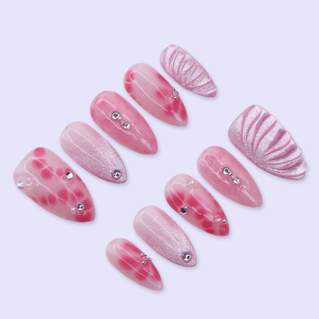 Pink Aura Press On Nails with Airbrush Flower, Glitter & Rhinestone | Medium Almond Fake Nails | Trendy Handmade Nails Art for Everyday Wear