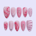 Pink Aura Press On Nails with Airbrush Flower, Glitter & Rhinestone | Medium Almond Fake Nails | Trendy Handmade Nails Art for Everyday Wear