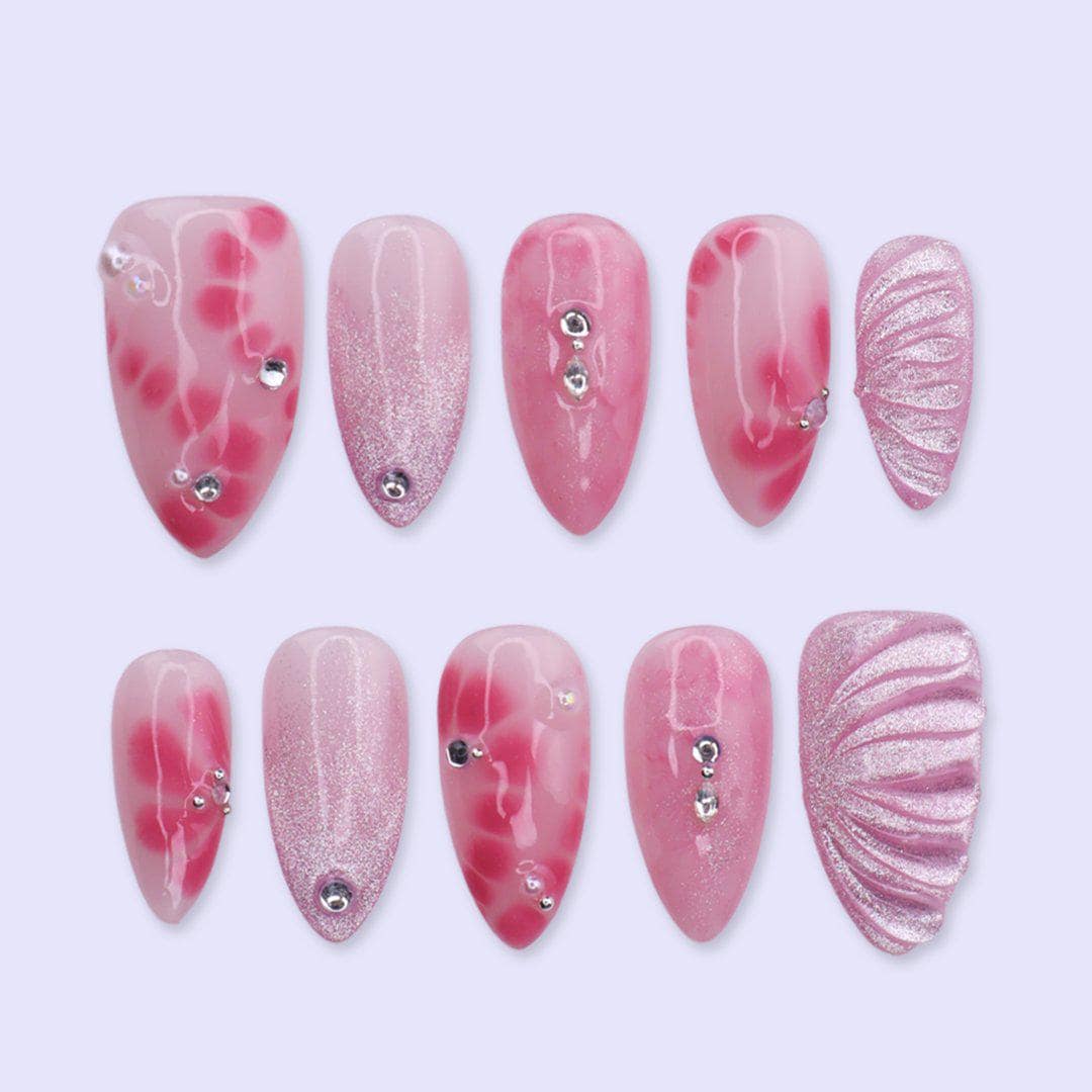 Pink Aura Press On Nails with Airbrush Flower, Glitter & Rhinestone | Medium Almond Fake Nails | Trendy Handmade Nails Art for Everyday Wear