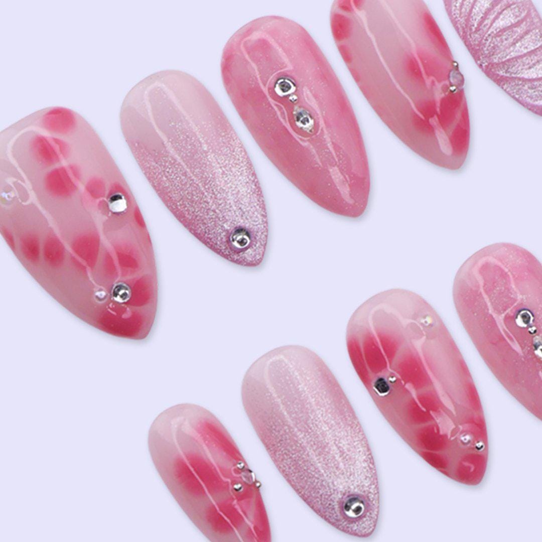 Pink Aura Press On Nails with Airbrush Flower, Glitter & Rhinestone | Medium Almond Fake Nails | Trendy Handmade Nails Art for Everyday Wear