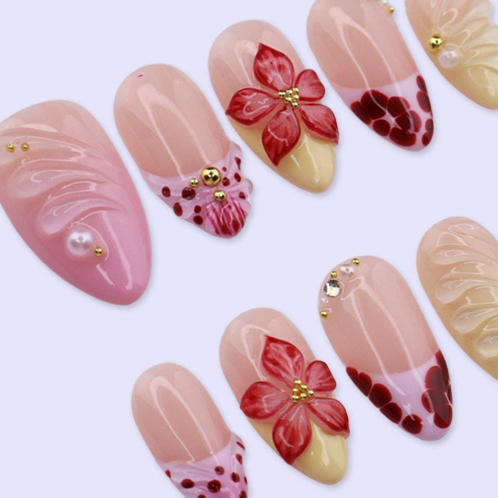 Summer Pink & Red Press On Nails with 3D Flower, Heart Tip, Jelly Texture | Medium Almond Fake Nails | Cute Handmade Nails Art for Vacation