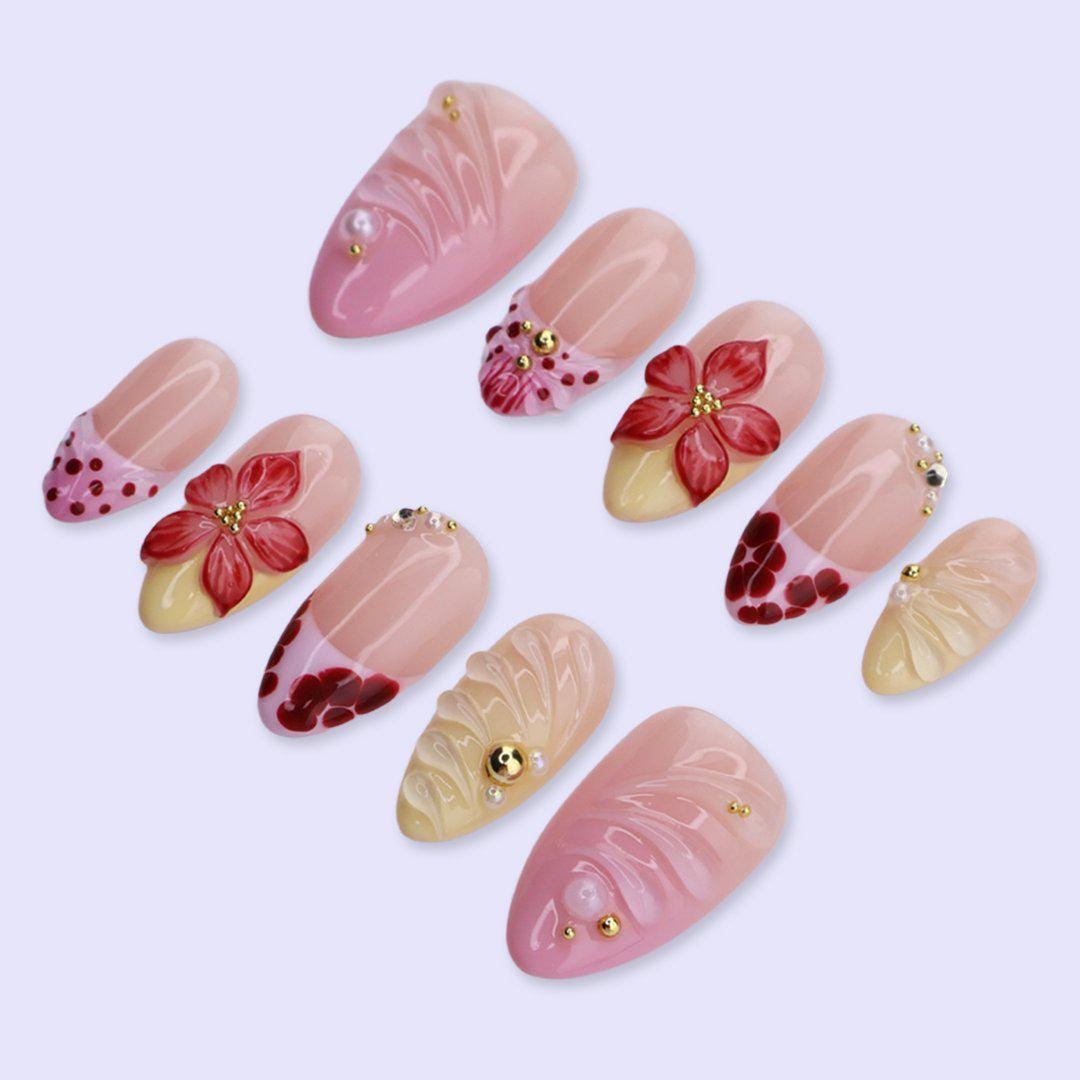 Summer Pink & Red Press On Nails with 3D Flower, Heart Tip, Jelly Texture | Medium Almond Fake Nails | Cute Handmade Nails Art for Vacation
