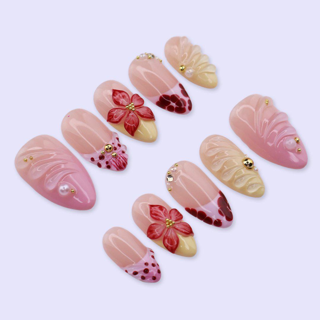 Summer Pink & Red Press On Nails with 3D Flower, Heart Tip, Jelly Texture | Medium Almond Fake Nails | Cute Handmade Nails Art for Vacation