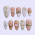 Luxury Nude & White Press On Nails with Pearl, Gold Chainu, Lace Texture | Medium Almond Fake Nails | Elegant Bridal Handmade Nails