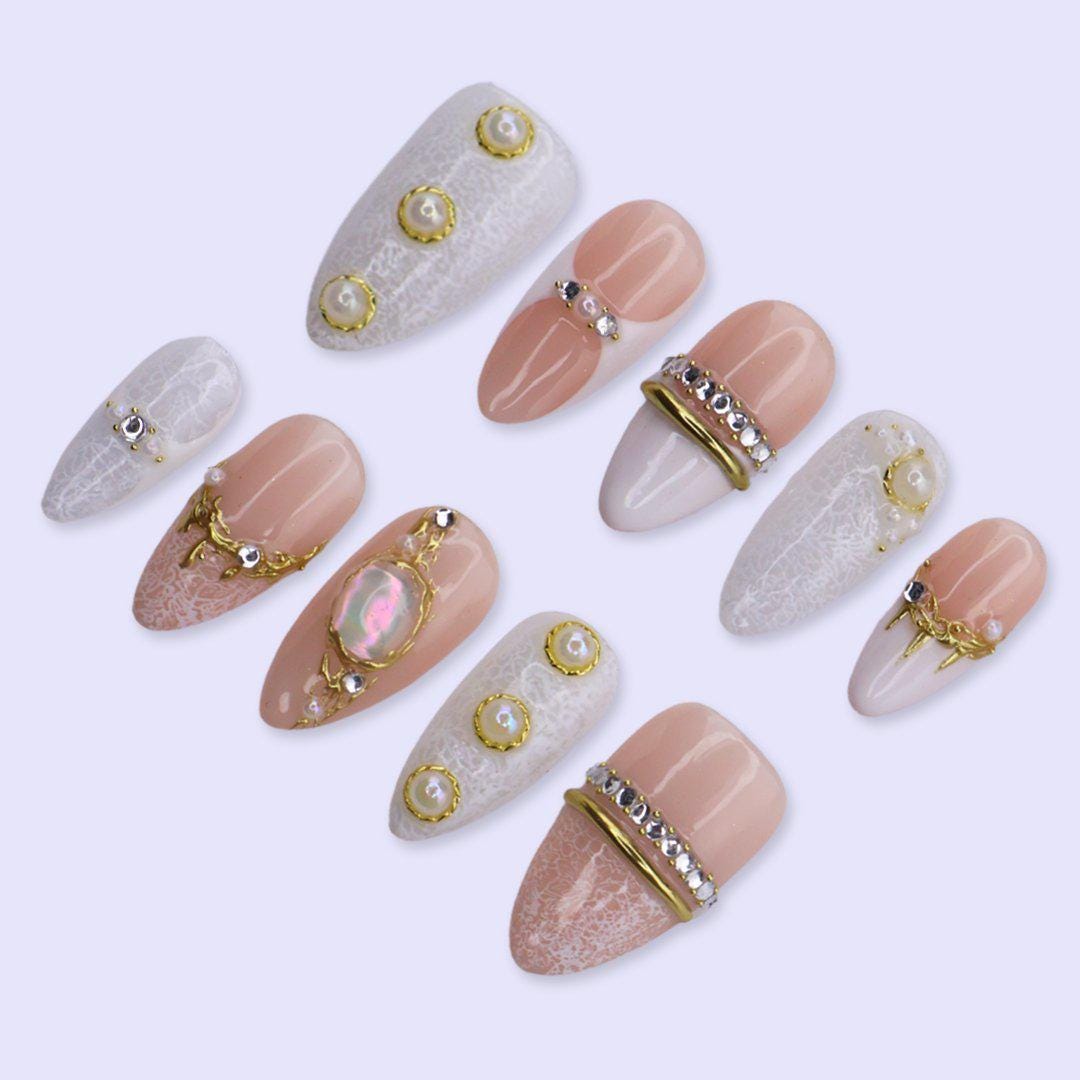 Luxury Nude & White Press On Nails with Pearl, Gold Chainu, Lace Texture | Medium Almond Fake Nails | Elegant Bridal Handmade Nails