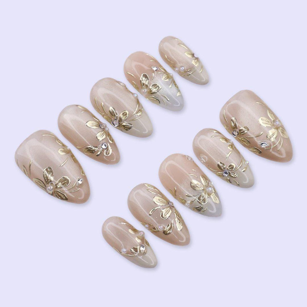 Champagne Gold Floral Press On Nails with Pearl & Rhinestone | Medium Almond Fake Nails | Elegant Prom Handmade Nails