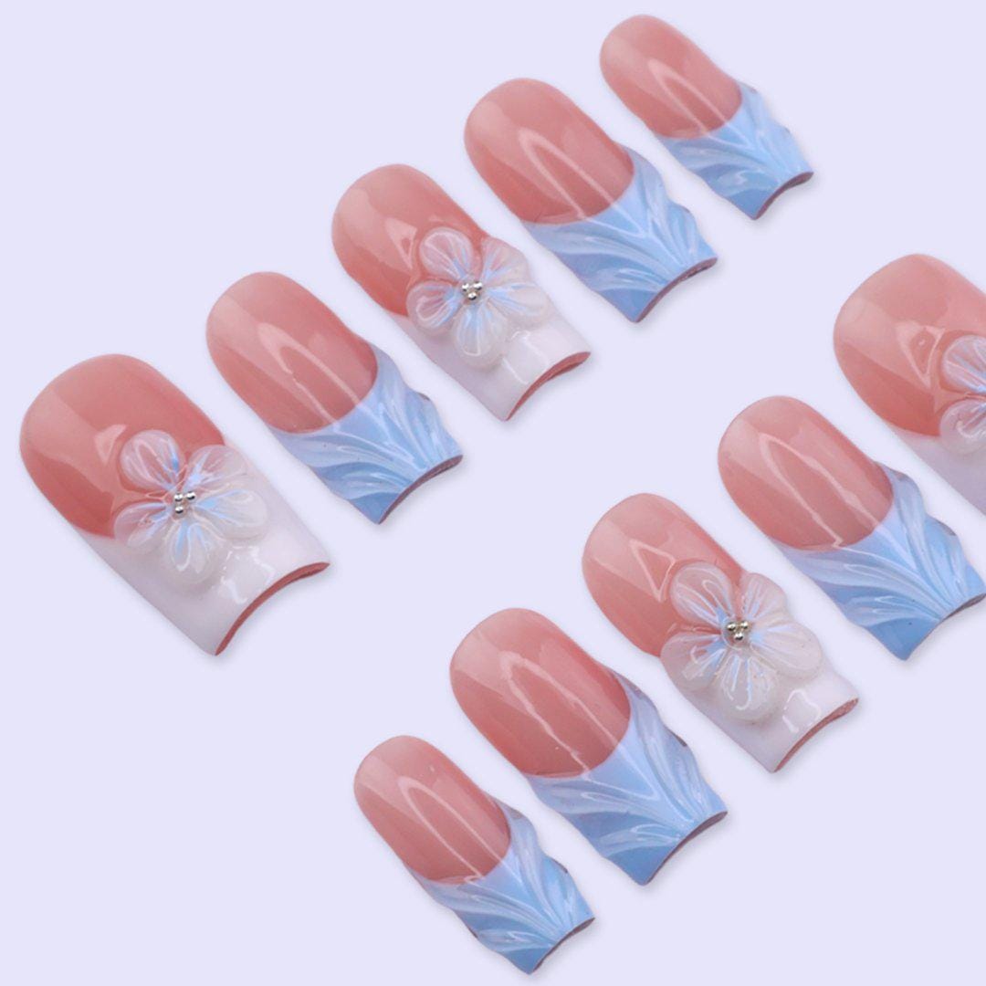 Soft Pink & Blue Press On Nails with 3D Flower | Medium Square Fake Nails | Minimal Summer Handmade Nails