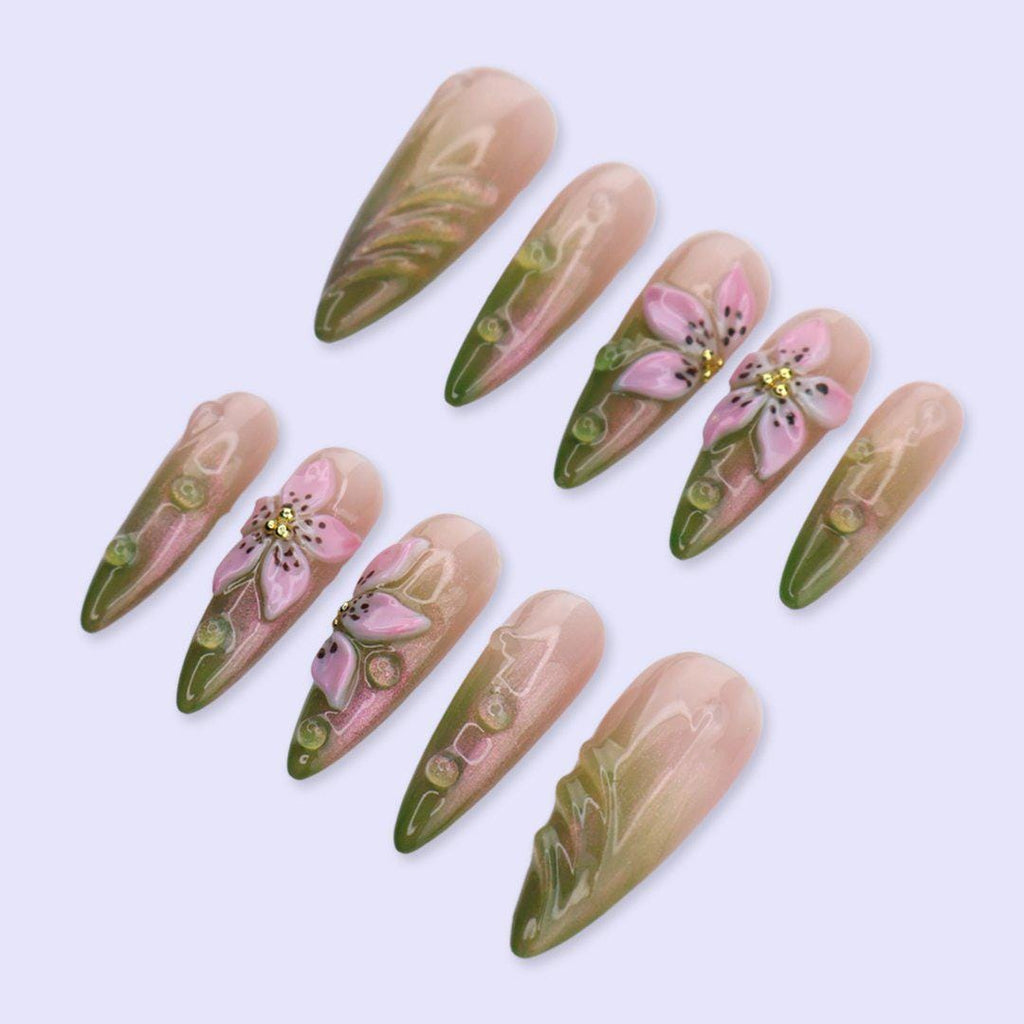 Green & Pink Floral Press On Nails with 3D Flower And Aura Ombre | Long Almond Fake Nails | Spring Handmade Nails