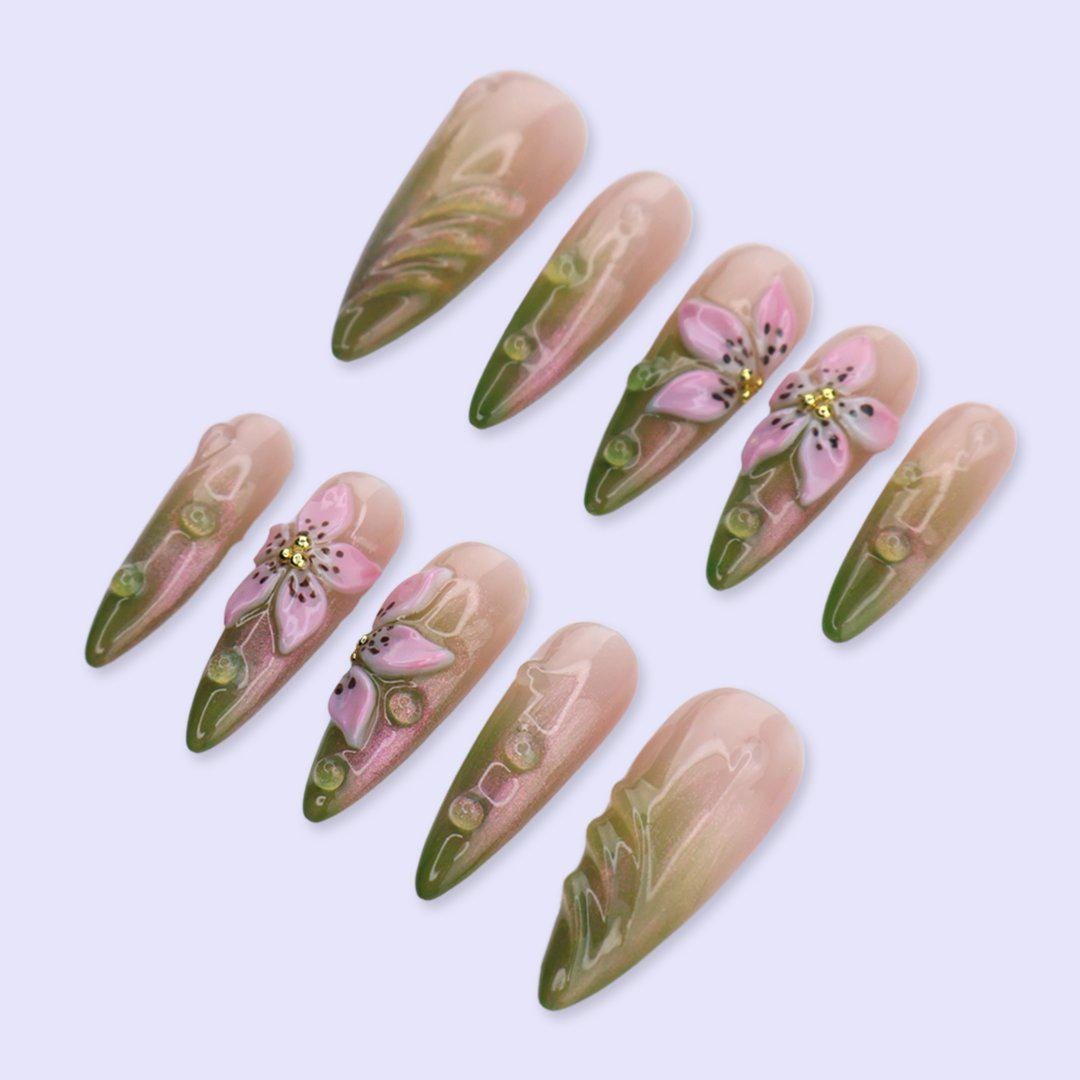 Green & Pink Floral Press On Nails with 3D Flower And Aura Ombre | Long Almond Fake Nails | Spring Handmade Nails